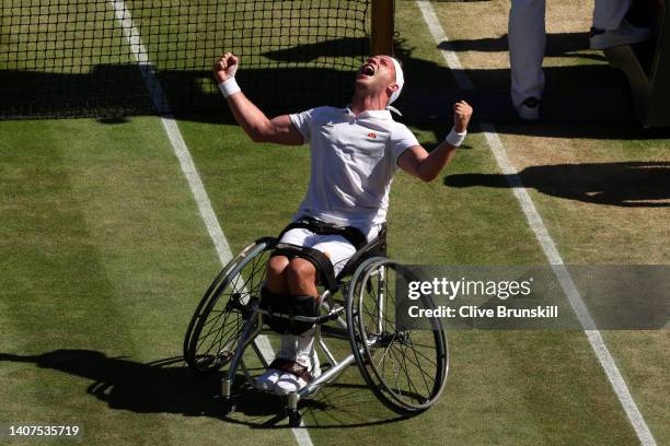 Alfie Hewett of Great Britain celebrates match point against Gustavo Fernandez of Argentina during the Wheelchair Singles Semi Final match on day...