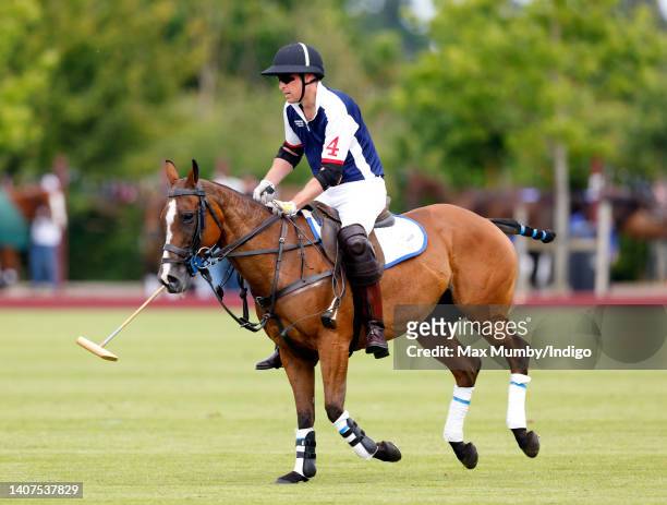 Prince William, Duke of Cambridge plays in the Out-Sourcing Inc. Royal Charity Polo Cup at Guards Polo Club, Flemish Farm on July 6, 2022 in Windsor,...