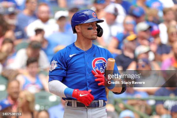 Nico Hoerner of the Chicago Cubs at bat during a game against the Milwaukee Brewers at American Family Field on July 06, 2022 in Milwaukee,...