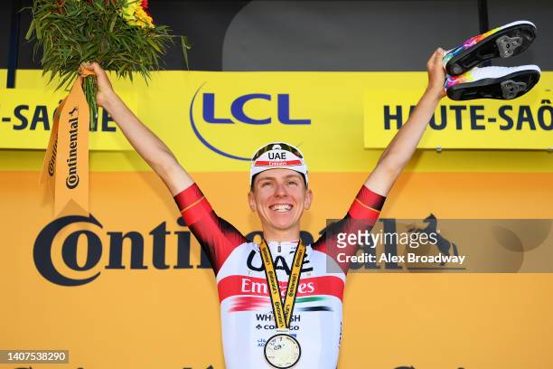 Tadej Pogacar of Slovenia and UAE Team Emirates celebrates winning the stage on the podium ceremony after the 109th Tour de France 2022, Stage 7 a...