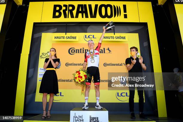 Tadej Pogacar of Slovenia and UAE Team Emirates celebrates winning the stage on the podium ceremony after the 109th Tour de France 2022, Stage 7 a...