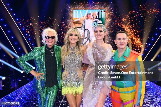 Ellen von Unwerth, Heidi Klum, winner Lou-Anne and Jeremy Scott pose during the "Germany's Next Top Model" 2022 finals at ISS Dome on May 26, 2022 in...