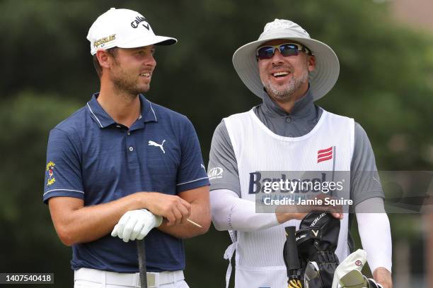 Adam Svensson of Canada waits to play his tee shot on the 11th hole during the second round of the Barbasol Championship at Keene Trace Golf Club on...