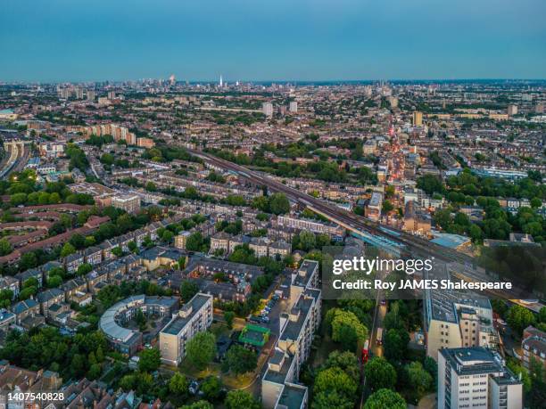 london from drone perspective,  looking south along the a5 from shoot-up hill, cricklewood - roy james shakespeare stock pictures, royalty-free photos & images