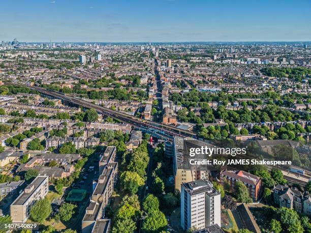 london from drone perspective,  looking south along the a5 from shoot-up hill, cricklewood - roy james shakespeare stock pictures, royalty-free photos & images