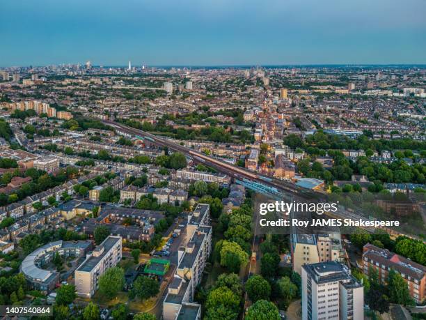 london from drone perspective,  looking south along the a5 from shoot-up hill, cricklewood - roy james shakespeare stock pictures, royalty-free photos & images