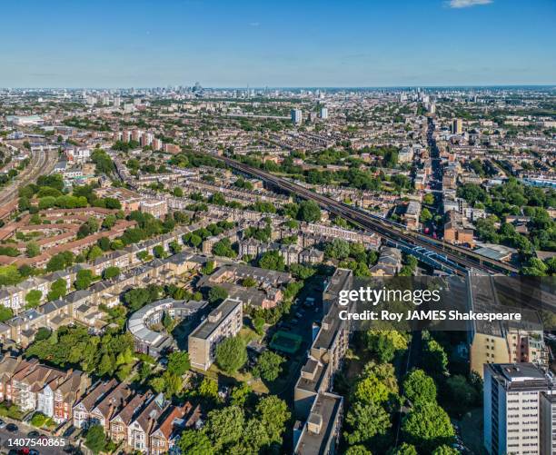 london from drone perspective,  looking south along the a5 from shoot-up hill, cricklewood - roy james shakespeare stock pictures, royalty-free photos & images