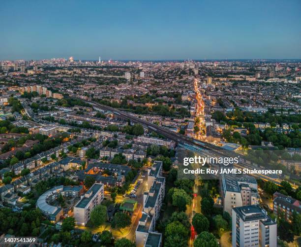london from drone perspective,  looking south along the a5 from shoot-up hill, cricklewood - cricklewood stock pictures, royalty-free photos & images