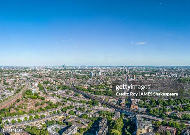 london from drone perspective,  looking south along the a5 from shoot-up hill, cricklewood - roy james shakespeare stock pictures, royalty-free photos & images