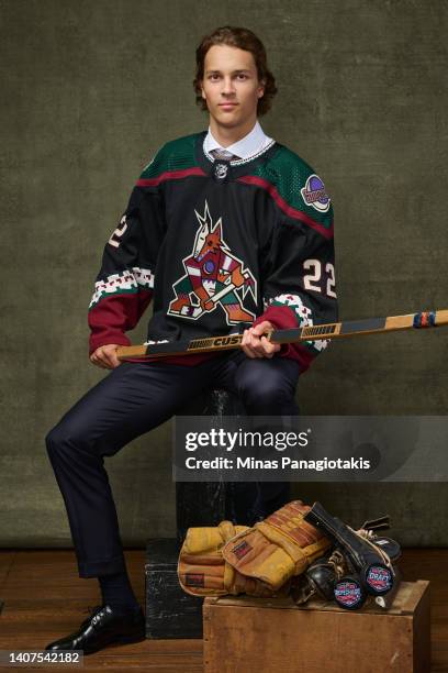 Julian Lutz, #43 pick by the Phoenix Coyotes, poses for a portrait during the 2022 Upper Deck NHL Draft at Bell Centre on July 08, 2022 in Montreal,...