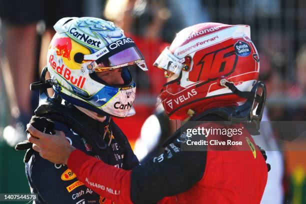 Pole position qualifier Max Verstappen of the Netherlands and Oracle Red Bull Racing and Second placed qualifier Charles Leclerc of Monaco and...