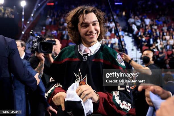 Jeremy Langlois is selected by the Arizona Coyotes during Round Three of the 2022 Upper Deck NHL Draft at Bell Centre on July 08, 2022 in Montreal,...