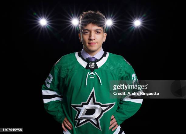 Christian Kyrou poses for a portrait after being selected 50th overall by the Dallas Stars during the 2022 Upper Deck NHL Draft at Bell Centre on...