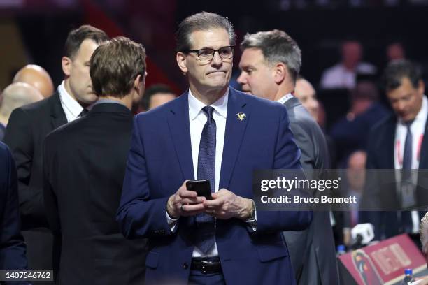 Ron Hextall of the Pittsburgh Penguins looks on during Round Three of the 2022 Upper Deck NHL Draft at Bell Centre on July 08, 2022 in Montreal,...