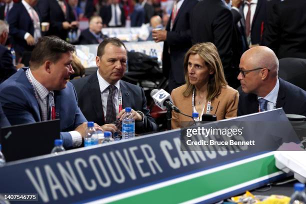 The Vancouver Canucks draft table during Round Three of the 2022 Upper Deck NHL Draft at Bell Centre on July 08, 2022 in Montreal, Quebec, Canada.