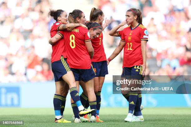 Aitana Bonmati celebrates with teammates Mariona Caldentey, Irene Guerrero and Patri Guijarro of Spain after scoring their team's second goal during...