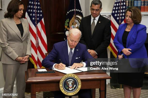 President Joe Biden signs an executive order on access to reproductive health care services as Vice President Kamala Harris, Secretary of Health and...