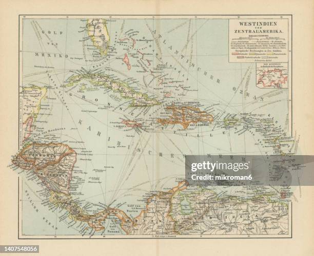 old chromolithograph map of west indies and central america - central and south america stock pictures, royalty-free photos & images