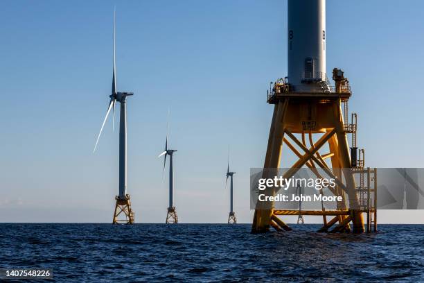 Wind turbines generate electricity at the Block Island Wind Farm on July 07, 2022 near Block Island, Rhode Island. The first commercial offshore wind...