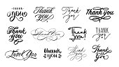 Thank you lettering. Handwritten calligraphic words of thanks, thanking tags for letter or card design vector set