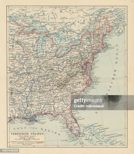 old chromolithograph map of eastern part of the united states - geography of illinois stock pictures, royalty-free photos & images