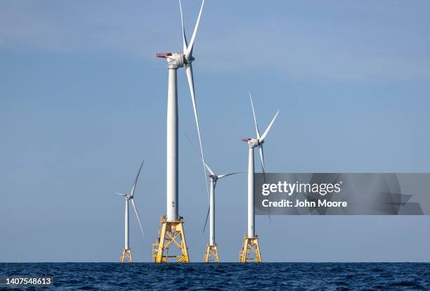 Wind turbines generate electricity at the Block Island Wind Farm on July 07, 2022 near Block Island, Rhode Island. The first commercial offshore wind...