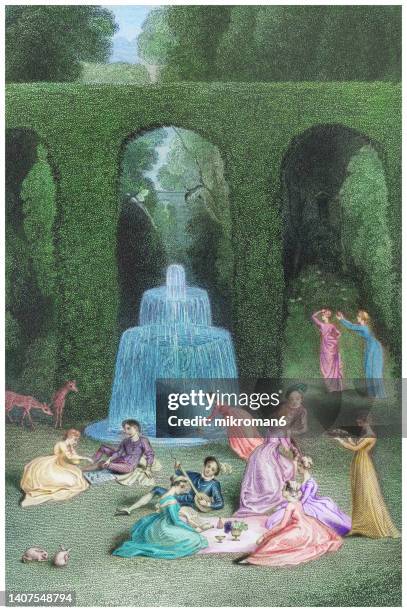 old engraved illustration of illustration for the book "decameron" by giovanni boccaccio "garden of boccaccio" - renaissance stockfoto's en -beelden