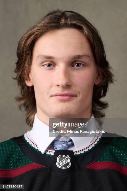 Miko Matikka, #67 pick by the Arizona Coyotes, poses for a portrait during the 2022 Upper Deck NHL Draft at Bell Centre on July 08, 2022 in Montreal,...