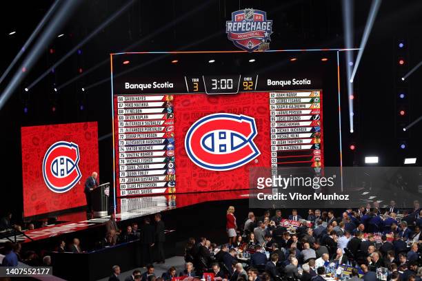 General view of the draft board during the third round of the 2022 Upper Deck NHL Draft at Bell Centre on July 08, 2022 in Montreal, Quebec.