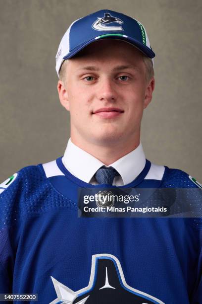 Elias Pettersson, #80 pick by the Vancouver Canucks, poses for a portrait during the 2022 Upper Deck NHL Draft at Bell Centre on July 08, 2022 in...