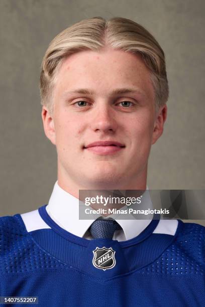 Elias Pettersson, #80 pick by the Vancouver Canucks, poses for a portrait during the 2022 Upper Deck NHL Draft at Bell Centre on July 08, 2022 in...