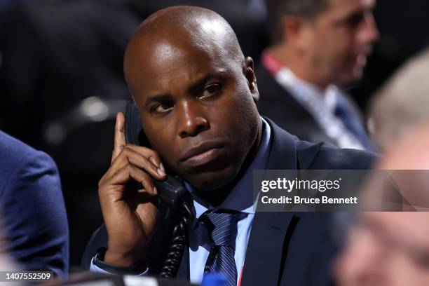 General Manager Mike Grier of the San Jose Sharks looks on during Round Five of the 2022 Upper Deck NHL Draft at Bell Centre on July 08, 2022 in...