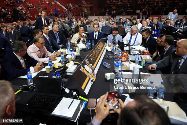 The Pittsburgh Penguins draft table during Round Five of the 2022 Upper Deck NHL Draft at Bell Centre on July 08, 2022 in Montreal, Quebec, Canada.