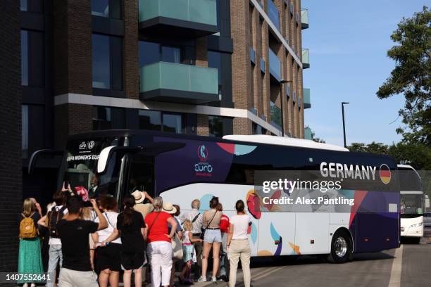 The Germany team bus arrives prior to the UEFA Women's Euro 2022 group B match between Germany and Denmark at Brentford Community Stadium on July 08,...