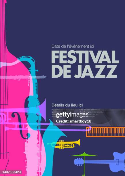 ilustrações, clipart, desenhos animados e ícones de pôster do festival de jazz - em francês - contrabaixo