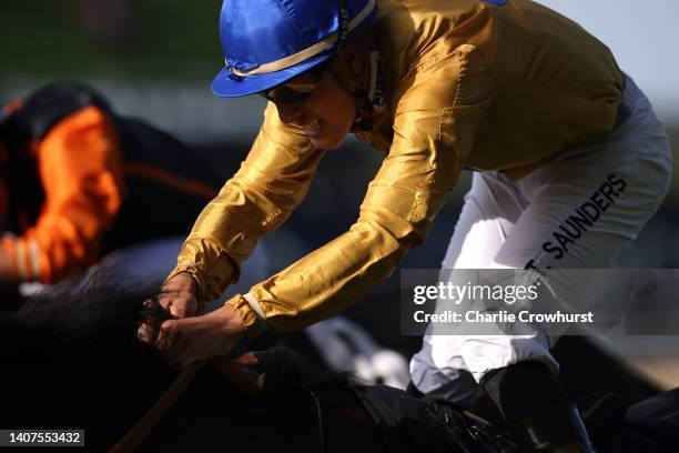 Tyler Saunders rides on Mark of Respect in The Property Raceday Targets £3m Apprentice Handicap Stakes at Ascot Racecourse on July 08, 2022 in Ascot,...