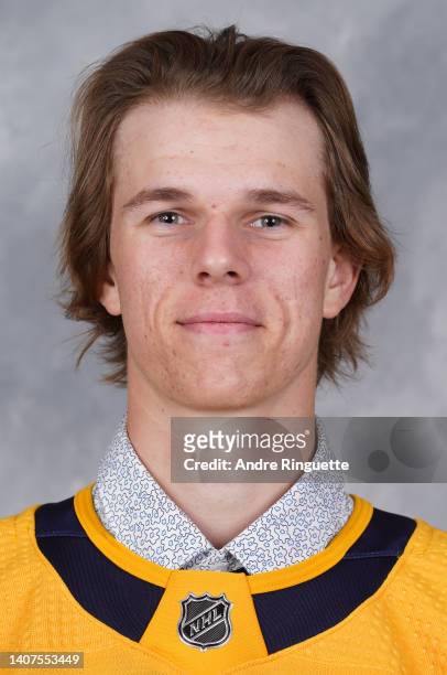Adam Ingram poses for a portrait after being selected 82nd overall by the Nashville Predators during the 2022 Upper Deck NHL Draft at Bell Centre on...