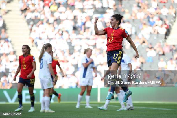 Lucia Garcia of Spain celebrates after scoring their team's third goal during the UEFA Women's Euro 2022 group B match between Spain and Finland at...
