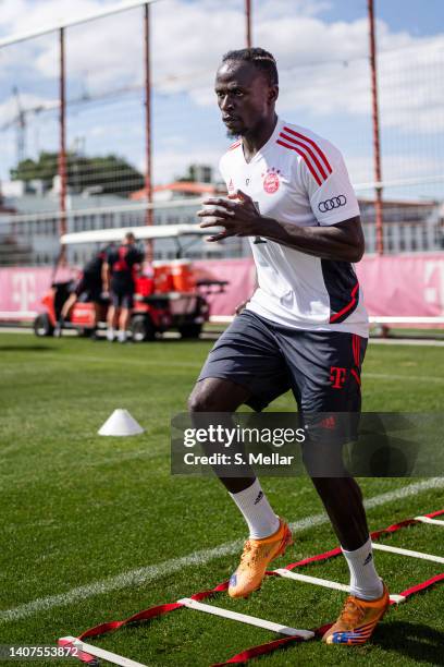 Sadio Mane of FC Bayern Muenchen during a training session of FC Bayern München at Saebener Strasse training ground on July 08, 2022 in Munich,...