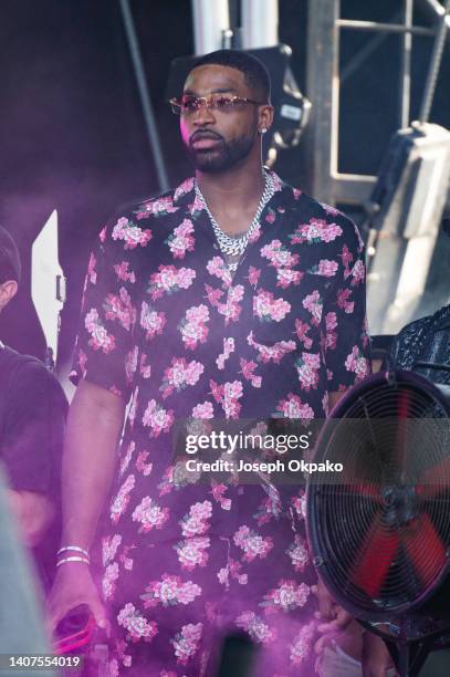 Tristan Thompson watches the Giveon concert from the side of the main stage during Wireless Festival at Finsbury Park on July 08, 2022 in London,...