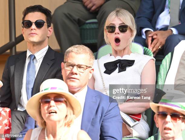 Rami Malek and Lucy Boynton attend day 12 of the Wimbledon Tennis Championships at the All England Lawn Tennis and Croquet Club on July 08, 2022 in...