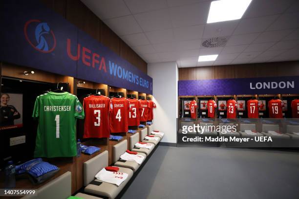 General view inside the Denmark dressing room prior to the UEFA Women's Euro 2022 group B match between Germany and Denmark at Brentford Community...