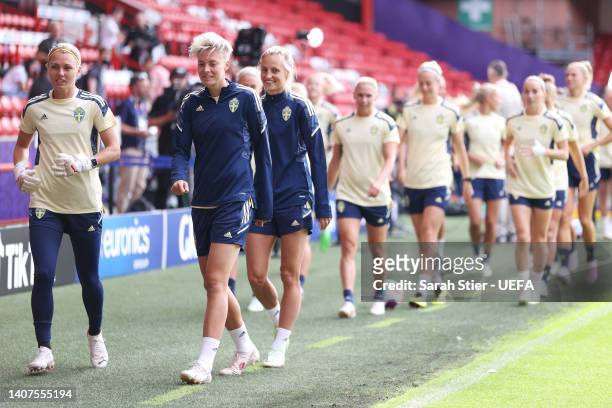 Lina Hurtig, Nathalie Bjorn and team mates of Sweden train during the UEFA Women's Euro 2022 Sweden Press Conference And Training Session at Bramall...