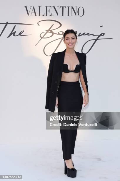 Alessandra Mastronardi is seen arriving at the Valentino Haute Couture Fall/Winter 22/23 fashion show on July 08, 2022 in Rome, Italy.