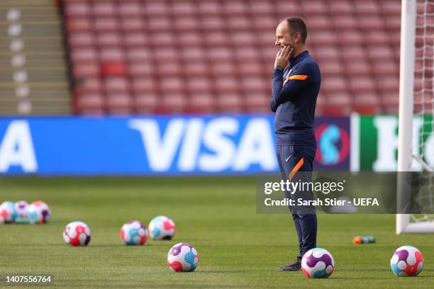 Mark Parsons, Head Coach of Netherlands looks on during the UEFA Women's Euro England 2022 Netherlands Press Conference And Training Session at...