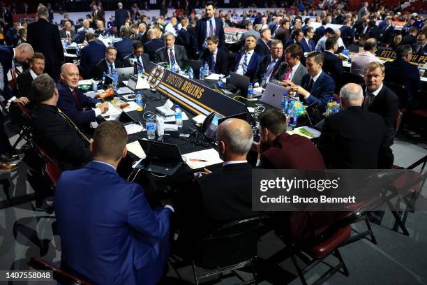 The Boston Bruins draft table during Round Six of the 2022 Upper Deck NHL Draft at Bell Centre on July 08, 2022 in Montreal, Quebec, Canada.