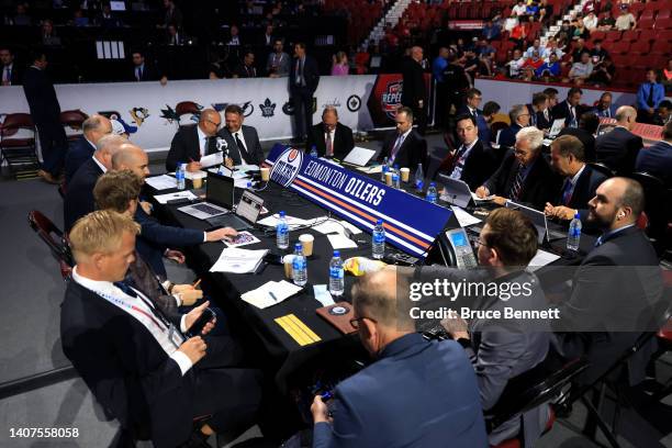 The Edmonton Oilers draft table during Round Six of the 2022 Upper Deck NHL Draft at Bell Centre on July 08, 2022 in Montreal, Quebec, Canada.