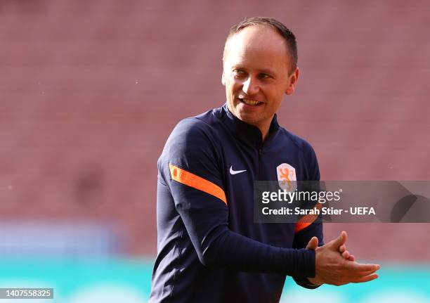 Mark Parsons, Head Coach of Netherlands reacts during the UEFA Women's Euro England 2022 Netherlands Press Conference And Training Session at Bramall...