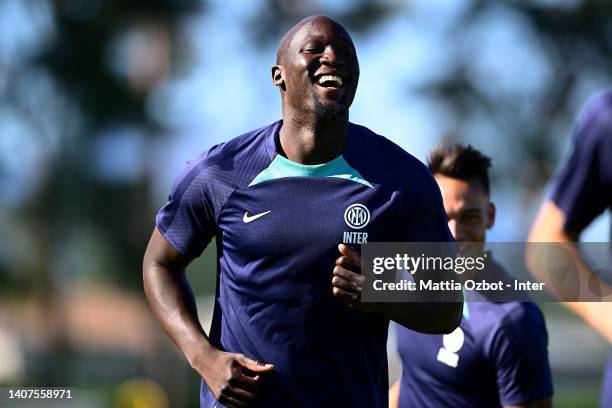 Romelu Lukaku of FC Internazionale smiles during the FC Internazionale training session at the club's training ground Suning Training Center on July...