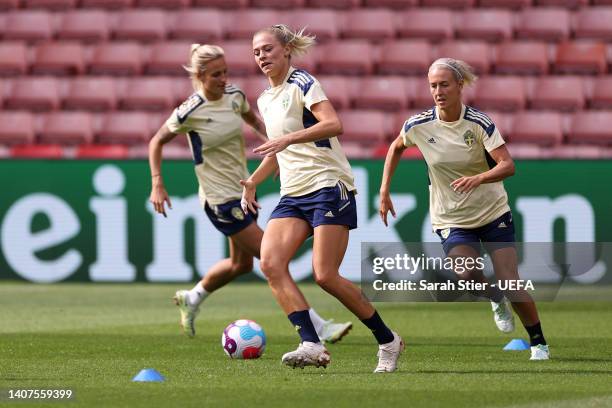 Fridolina Rolfo of Sweden warms up during the UEFA Women's Euro 2022 Sweden Training Session at Bramall Lane on July 08, 2022 in Sheffield, England.